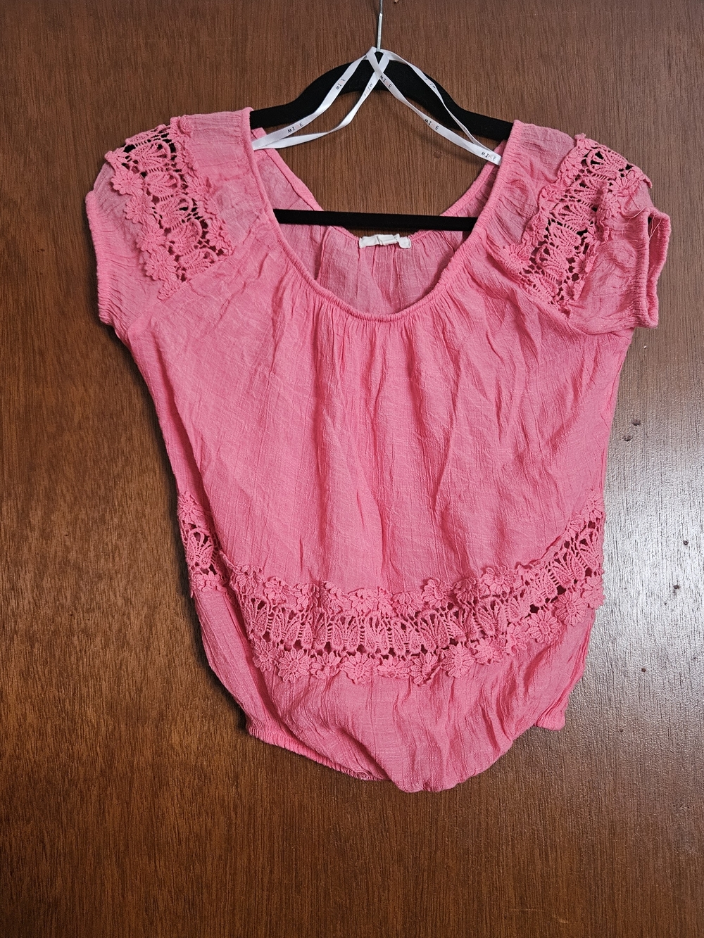 mine Pink Short Sleeve Top with Crochet Trim